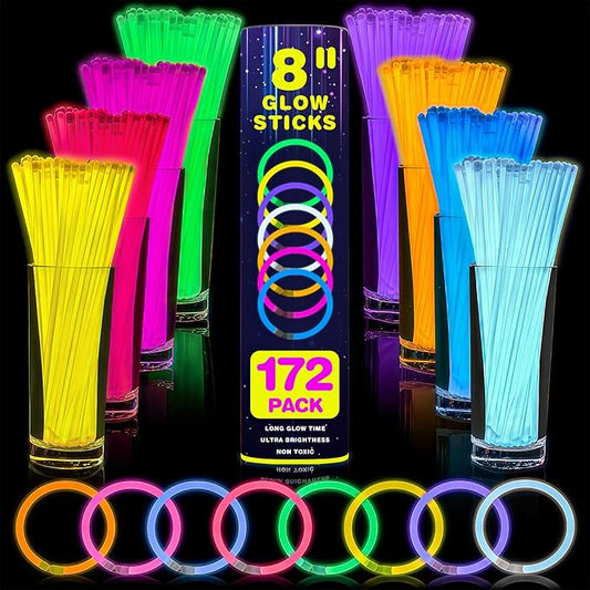 YixangDD 172 PCS Ultra Bright Glow Sticks, 8 Inch Glow Sticks Bulk Party Pack, Light Up Sticks for Glow Bracelets, Necklaces, Concerts, Christmas, Party Supplies with 172 Connectors
