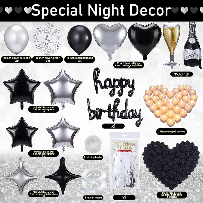 Realspring 175 Pcs Black Happy Birthday Balloons Decorations Set Black and Sliver Birthday Letters Banner with LED Candle Star Balloons 5000 Rose Petals for Surprise Party Room Decor Men Women
