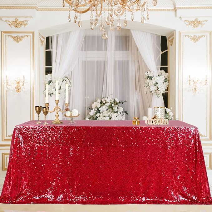 B-COOL Rectangle Sequin Tablecloth Christmas Red Table Cloth 60x102inch Seamless Wedding Red Sequin Fabric Linens Overlay for Mother's Day Valentines Decoration
