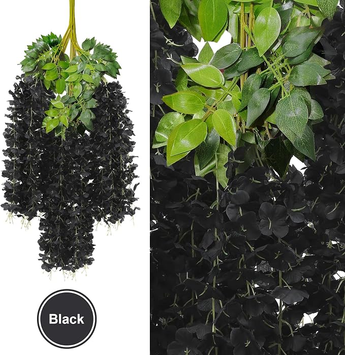U'Artlines 24 Pack (Total 86.4 Feet) Artificial Fake Wisteria Vine Rattan Hanging Garland Silk Flowers String Home Party Wedding Decor (24, Black)