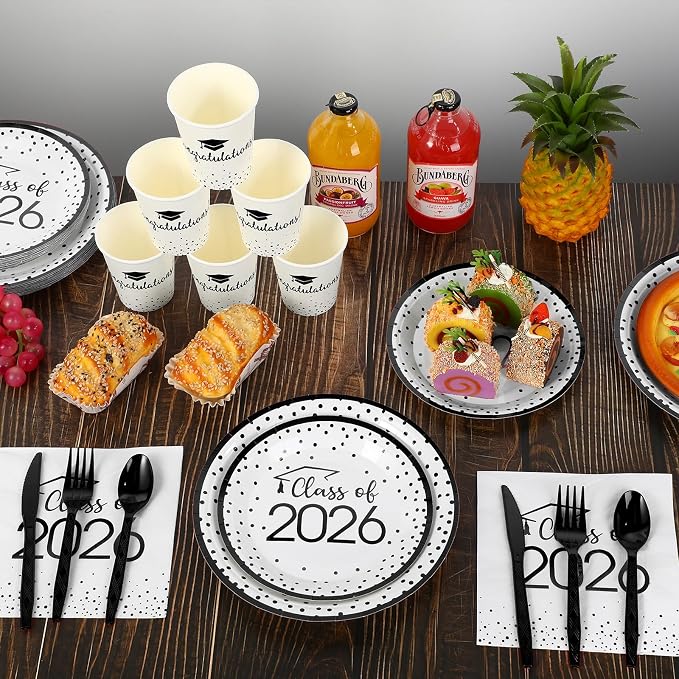 175pcs Class of 2026 Graduation Plates and Napkins Set, Disposable Paper Plate Set Polka Dots Napkin Cups Knife Fork Spoon for Graduation Party Decorations and Supplies,Serve 25 (White Black)