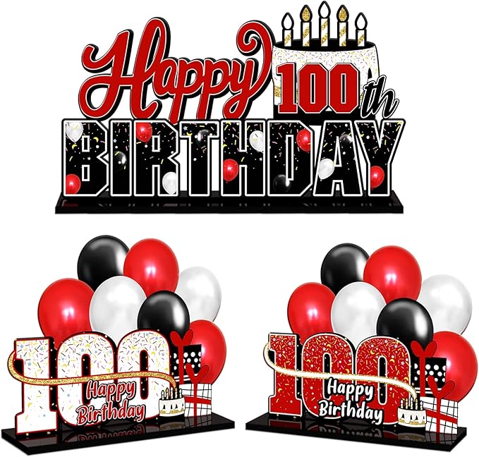 LINGTEER Happy 100th Birthday Red Acrylic Table Topper Centerpieces Set - Cheers to 100 Years Old Birthday 100th Bday Party Gift Decorations.