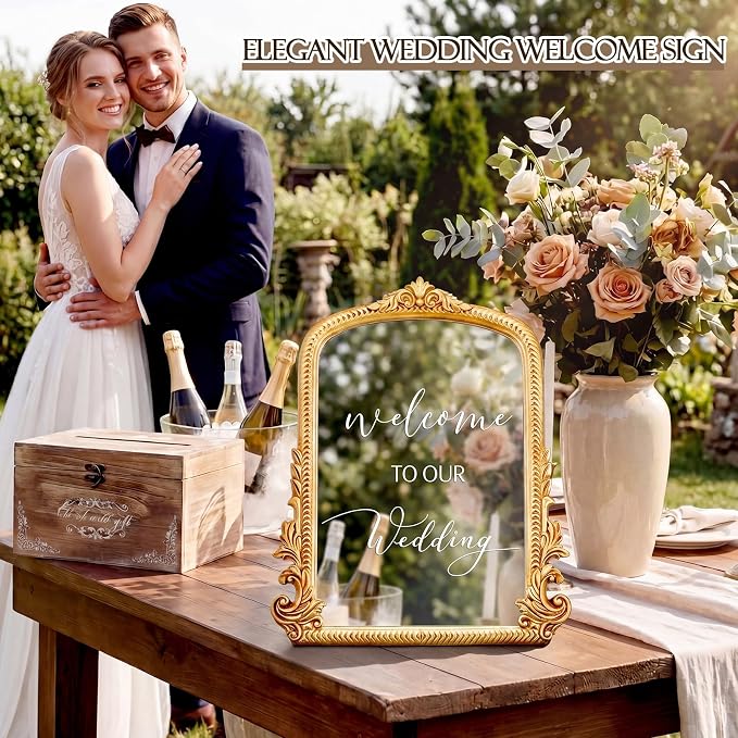 Bucherry Vintage Love Wedding Sign Welcome to Our Wedding Mirror Plaque Elegant Resin Frame with Mirror 12" x 7.5" Baroque Reception Decor Gold Table Centerpiece