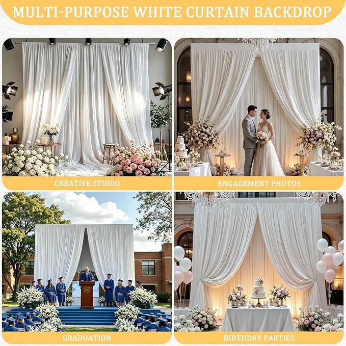 Gallety White Backdrop Curtain for Wedding, Polyester Photography Backdrops Curtains - 20FT x 10FT Fabric Backdrop with Rod Pockets for Celebration,Birthday, Home Parites,Graduation Decorations