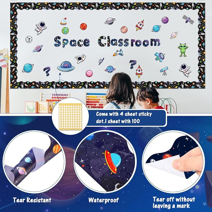 Kosiz Space Bulletin Board Decoration Set 118 ft Scalloped Bulletin Board Borders Classroom Poster Border Trim with 257 Pcs Letter Number Symbol Cutout for School Decor