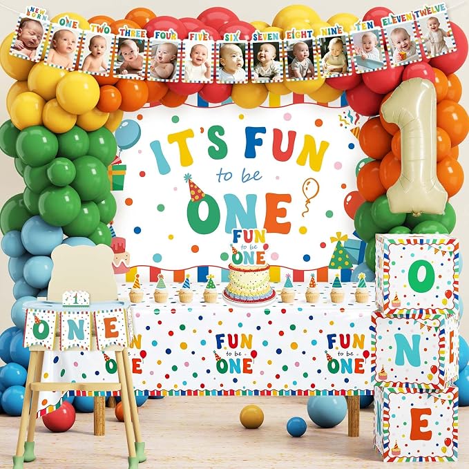 Fun to be One Birthday Decorations Balloon Kit, 127Pcs Its Fun to be One Birthday Tablecloth, Backdrop, 1st Birthday Month Banner, High Chair Banner, ONE Box, Balloon Arch, Crown, Cake Toppers