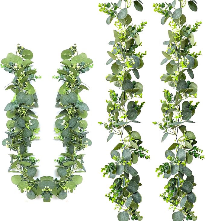 Zerzsy 2 Pack Artificial Eucalyptus Garlands, 5.9FT Hanging Eucalyptus Leaves Vines Spring Garland Decorations, Fake Silver Dollar Greenery for Mantel Wedding Centerpieces Backdrop Arch Table Decor