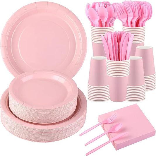 Kochorie 350 Pcs Pink Paper Dinnerware Set, 7 & 9 Inch Disposable Pink Dessert Plates Cups Napkins Cutlery Party Supplies for Birthday Wedding Baby Shower Party Decoration, Serve 50