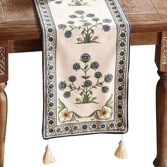patdrea Designer Blue Rustic Elegant Floral Patterned Linen Table Runner 87 Inch Long,Wrinkle Resistant Table Mat,Decoration for Kitchen Dining and Coffee Tables Banquet Christmas , 12"x87"