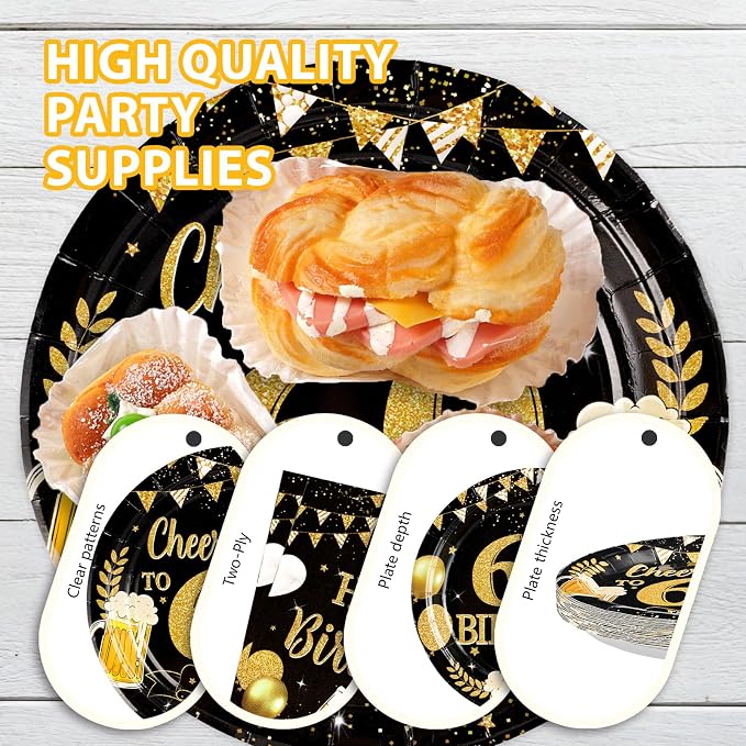 96Pcs Father's Day 60th Birthday Graduation Party Supplies Black Gold Plates and Napkins Tableware Sets Cheers and Beers to 60 Years Decorations for Best Dad Men 60 Years Old Birthday Party Serves 24