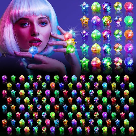 Party Favors 200 Pcs Light Up Rings, Glow In The Dark Party Supplies, 6 Style Flashing Glow In The Dark Rings for Adults & Kids, LED Ring for Birthday Party Favors, Concert, Raves, Halloween,Christmas