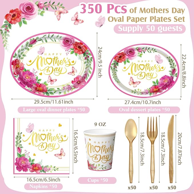 Pajean 350 Pcs Happy Mother's Day Party Decorations with 12 inch Disposable Oval Plates and Napkins Knives Flowers Design Heavy Duty Paper Tableware Set for 50 Guests Mother's Day Party Supplies