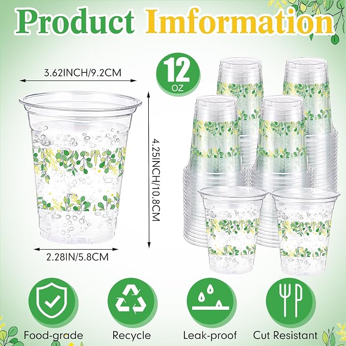 Funnymoom 60 Pack Eucalyptus Baby Shower Cup 12 oz Sage Green Disposable Clear Plastic Cups for Greenery Baby Shower Wedding Birthday Gender Reveal Party Decoration Supplies