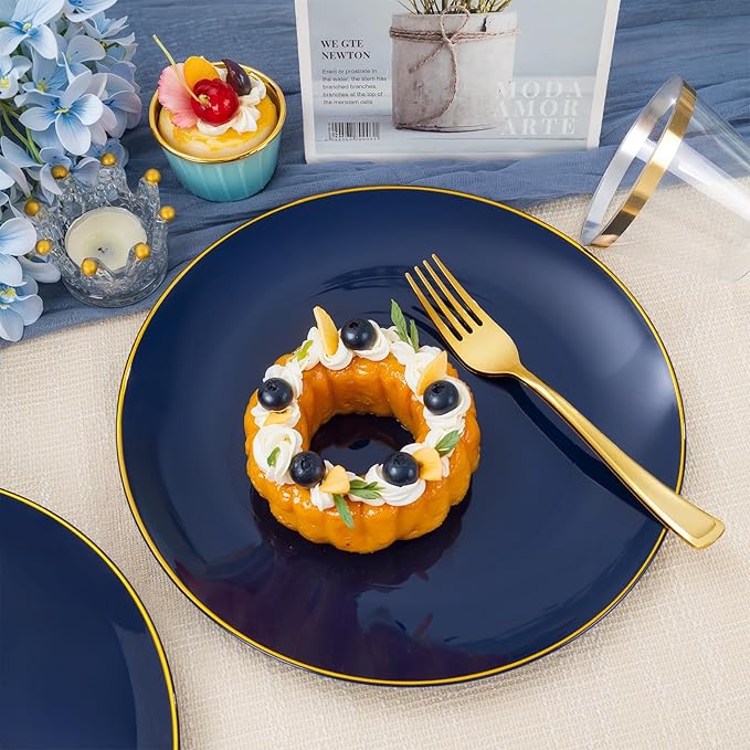 NOCCUR 350PCS Navy Blue Plastic Plates - Blue Disposable Dinnerware Set for 50 Guests, 100 Dinner/Dessert Plates, 150 Gold Silverware, 50 Cups&50 Napkins for Party/Wedding/Graduation/Memorial Day