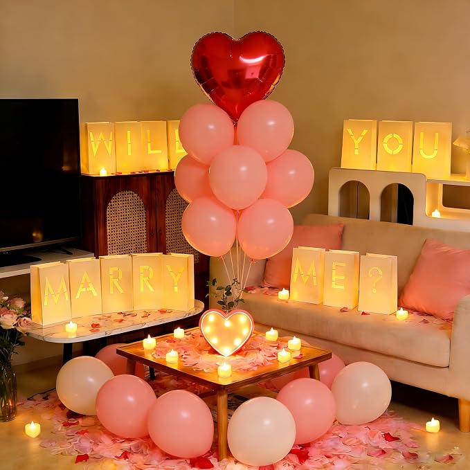 Will You Marry Me Light Up Letters Proposal Decorations with Luminary Paper Bags,Led Tea Candles,Rose Petals and Heart Balloons for Romantic Night,Valentines Day,Engagement Party,Proposals