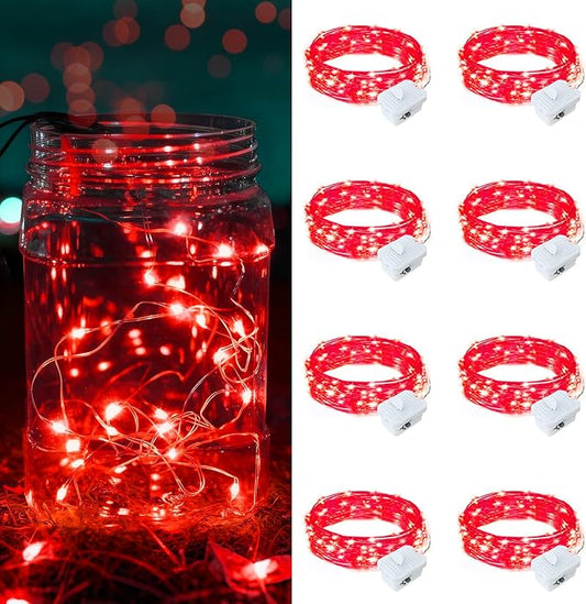 8 Pack Red Fairy Lights Battery Operated, 7ft 20 LED Mini String Twinkle Lights for Valentine's Day Christmas Halloween Mason Jars Centerpiece Table Decorations (8, Red)
