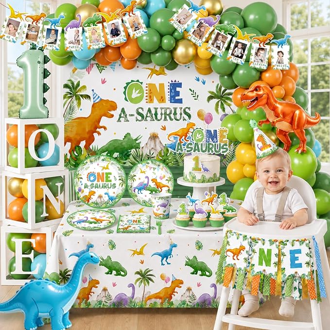 One a Saurus Birthday Decorations - 250Pcs Dinosaur Themed Party Supplies with Tableware Balloon Arch Garland Backdrop Banner Cake Topper,1st Birthday Decorations Boy