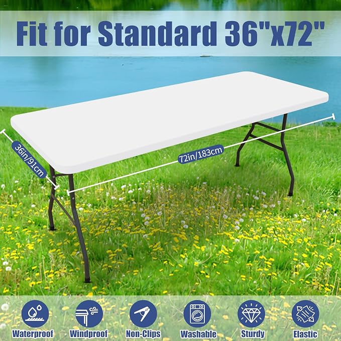 Moosfor Spandex Rectangle Table Cloth 4 Pack, Elastic Fitted Tablecloths for Picnic, Stretch Washable Patio Table Cover for Outdoor, Camping, Banquet and Parties (White, 36"x72")