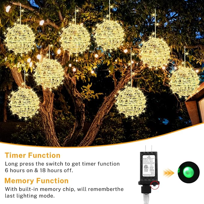 Outdoor Christmas Balls Lights 4 Pack Hanging 7.1" LED Garden Sphere Tree Lights 8 Modes Waterproof Glow Globe Lights with Memory Timer Plug for Party Yard Porch Eave Patio Xmas Decorations-Warm White