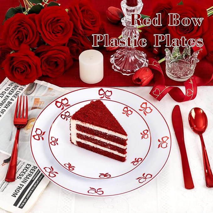 125PCS Red Bow Plastic Plates - White and Red Rim Disposable Plates - 50 Elegant Plates with Bowknot Patterns, 25 Forks, 25 Spoons, 25 Knives for Birthday Wedding Party