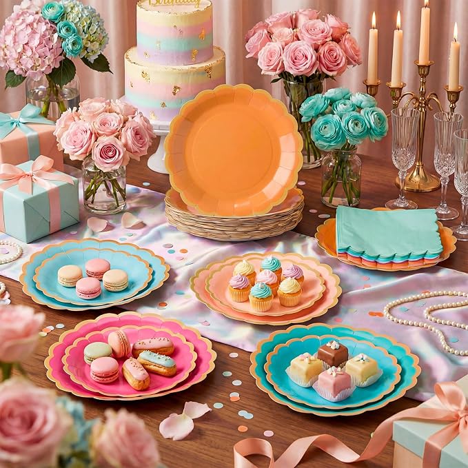 Zhehao 150 Pcs Colorful Plates and Napkins Tableware Serves 50 Includes 9 Inch 7 Inch Candy Color Scalloped Paper Plate and Napkins for Wedding Birthday Baby Shower Party