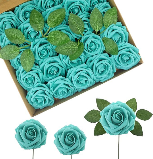 100PCS Dark Turquoise Artificial Flowers Realistic Roses, Real Looking Fake Roses with Stem for DIY Wedding Bouquets Centerpieces Bridal Shower Party Home Romantic Decorations (Dark Turquoise, 100pcs)