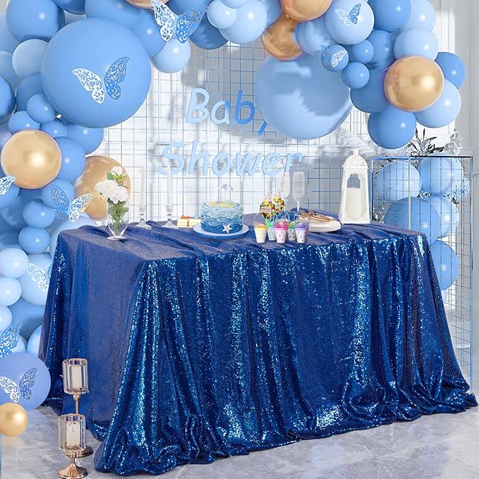 Blue Sequin Tablecloth Glitter Birthday Table Cloth Sparkly Iridescent Shimmer for Rectangle Table Cloth 90 x 90 Inches Table Cloths Decorations for Party Supplies Event Wedding Table Skirt Decor