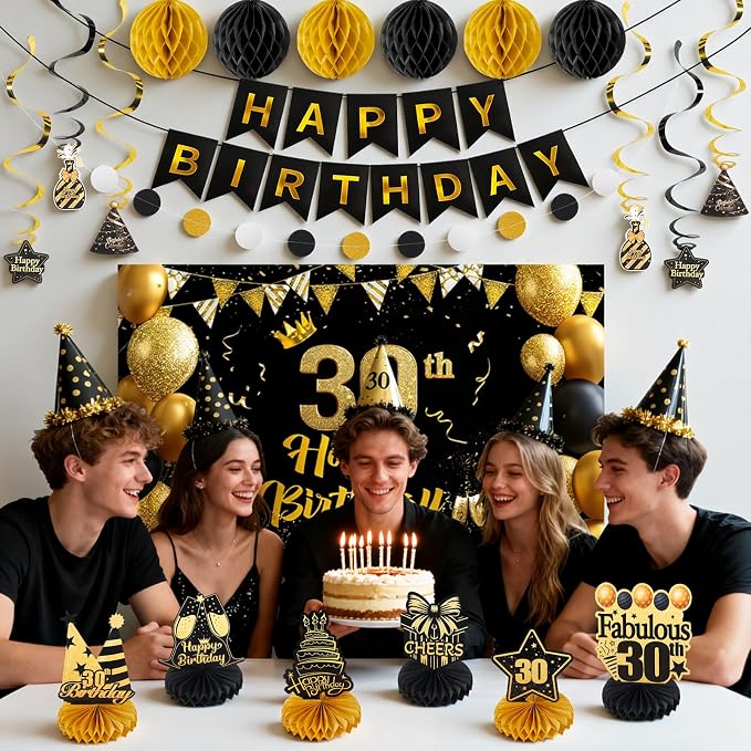 Happy 30th Birthday Party Decoration: Including Birthday Banner Backdrop, Party Table Centerpieces and Hanging Swirl Party Streamers, Birthday Decor for Men and Women (Gold/Black, 30th Birthday)