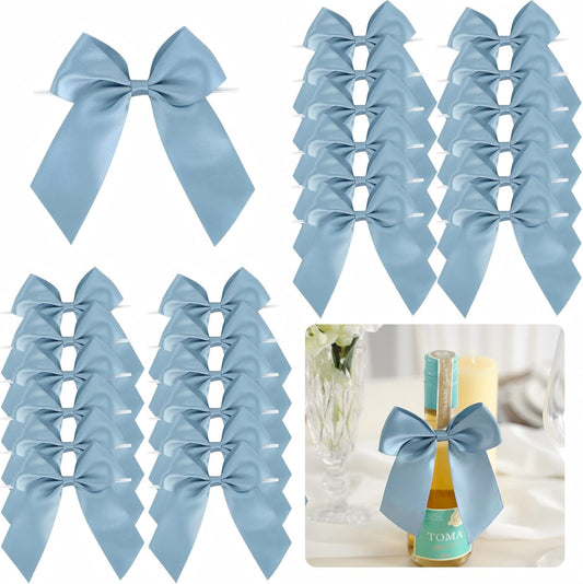 4.5" Satin Ribbon Dusty Blue Bows for Gift Wrapping, Twist Tie Bows, Cute Bows for Crafts, Party Favors, Premade Bows Pre-Tied Decorative Bows for Flower Bouquets Candy Apple Bows-24 Counts