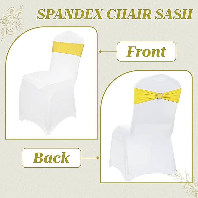 MDS Pack of 50 Spandex Chair Sashes Bow Premium Stretch Chair Cover Band with Buckle Slider Universal fits Elastic Dining Chair Ties for Wedding Party Banquet Events Decoration - Yellow