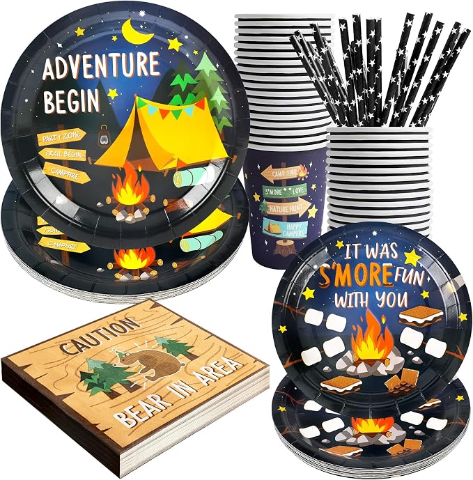Recheel Camping Party Supplies Decorations, Campfire Hiking Camper Theme Birthday Paper Plates and Napkins Set with Cups and Straws for 24 Guests, 120 Pcs Disposable Party Snack Dinnerwares