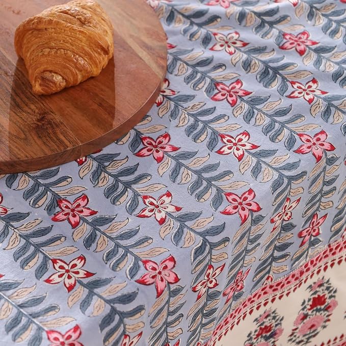 Hand Block Printed Tablecloth, Colorful Floral Print, Indian Artisan Handmade Art, Dining Room, Kitchen, Outdoor Décor, (Gray Petal Glow, 8 Seater 72 x 108 Inches Rectangle)