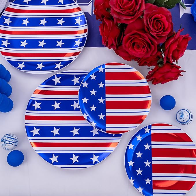 FLOWERCAT 60PCS 4th of July Plates & Red White Blue Plates for Independence Day - Patriotic Plastic Plates Include 30PCS 10.25inch Dinner Plates and 30PCS 7.5inch Dessert Plates