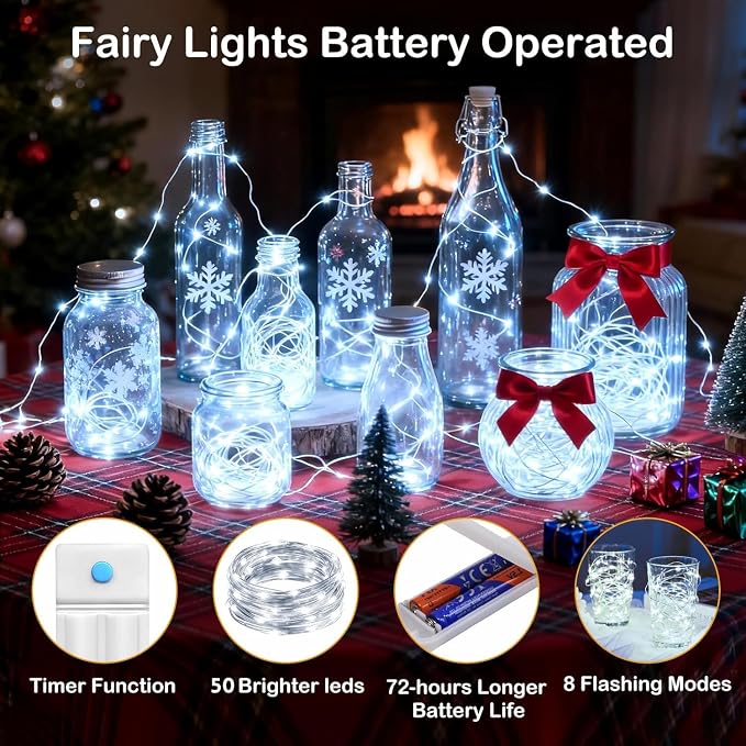 50 LED Fairy Lights with Timer, 6 Pack 8.2Ft 8 Modes Battery Operated Fairy Lights, Mini Led String Lights for DIY Wedding Bedroom Mason Jar Vases Table Party Christmas Decoration (Cool White)
