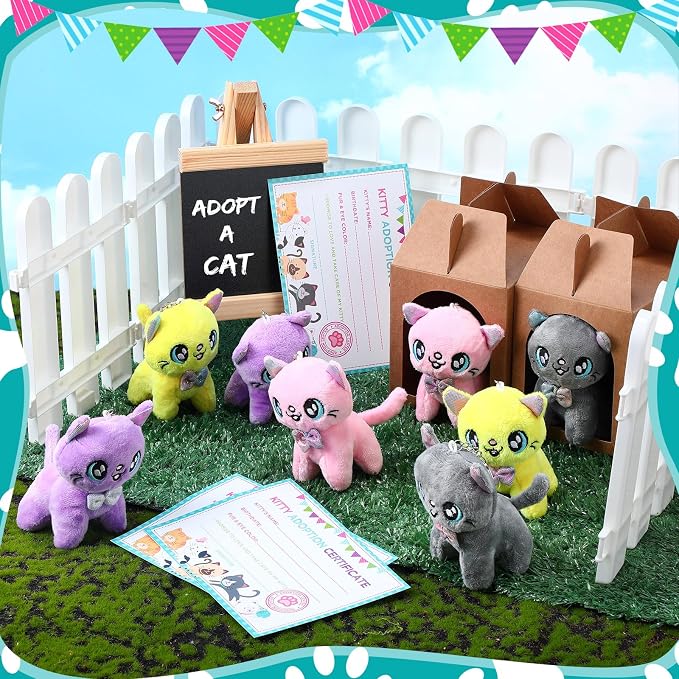 Blueweenly 84 Pcs Adopt a Pet Party Supplies 24 Mini Animals 10 White Plastic Fence 24 Paper Gift Boxes 24 Adoption Cards with Mini Chalkboard and Artificial Lawn(Kitten)