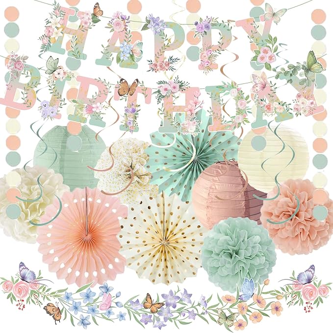 Sage Green Blush Pink Birthday Decorations,Flower Butterfly Happy Birthday Banner, Wildflower Garland,Paper Lanterns Tissue Pom Poms for Spring Summer Boho Fairy Garden Tea Party Neutral Décor