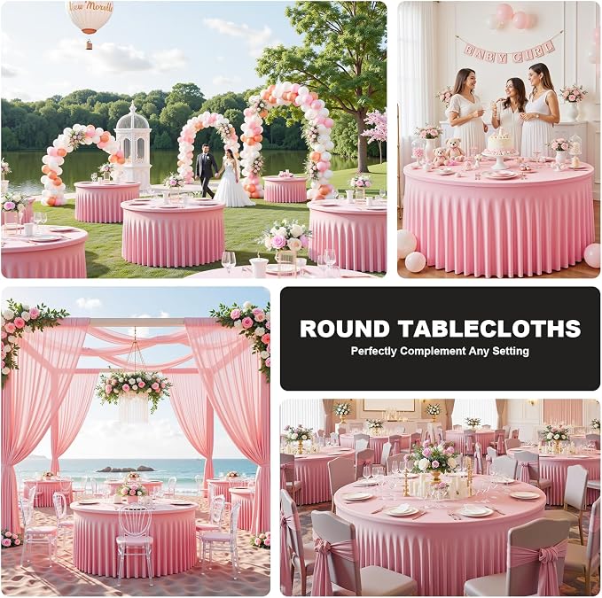 4 Pack Pink 60 inch Round Spandex Tablecloth,Wrinkle-Free Stretchy Fitted 5FT Round Tables,Elastic Edge with Skirt,Washable Tablecloths for Wedding Banquet Party Birthday Buffet