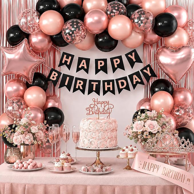 Black Rose Gold Birthday Decorations for Women Girls,Rose Gold Latex Balloons with Happy Birthday Banner,Fringe Curtain,Cake Topper,Sash and Crown for Birthday Party Supplies