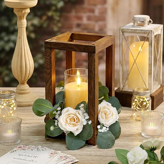 18 Pcs Wooden Lantern Centerpiece - Wedding Lantern with Roses Candles Rings LED Flameless Candles Rustic for Wedding Party Farmhouse Table Centerpieces Decor, Champagne Roses