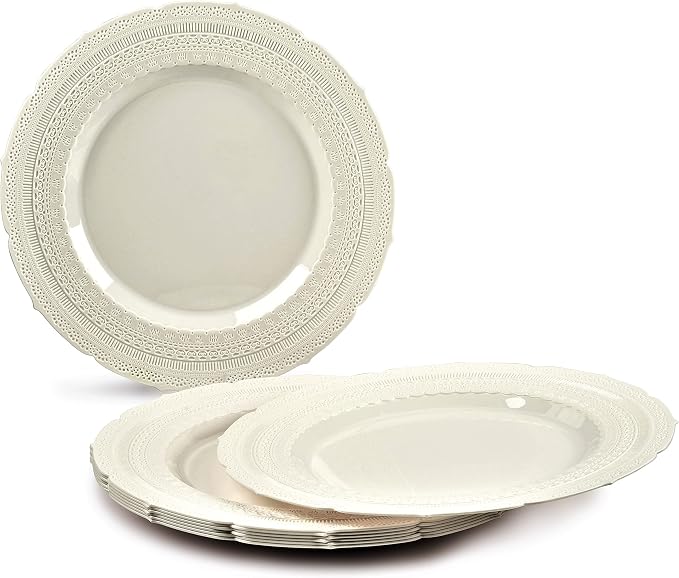 OCCASIONS 120 Guests Heavy Duty Disposable Plastic Plates Set – 11" Dinner & 8.25" Salad Plates, Premium Reusable Party Plates for Weddings, Events, Fancy Dinnerware – Chateau Ivory