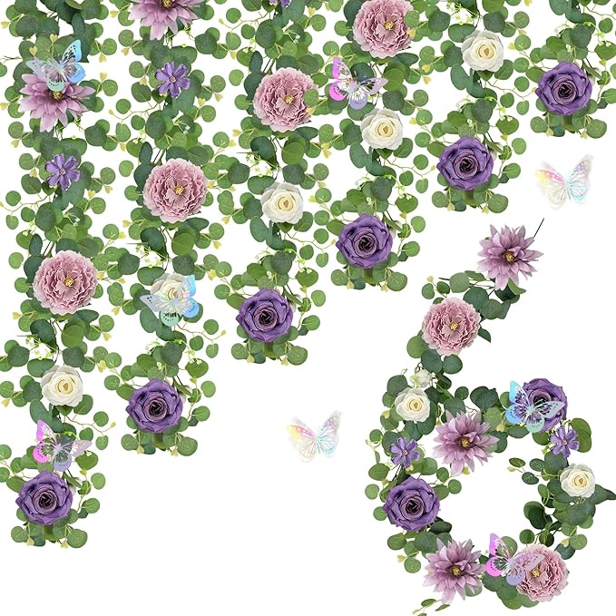 6 Pack 5.9 FT Artificial Flower Garland with Butterflies Fake Rose Garland Faux Greenery Eucalyptus Garlands for Wedding Table Backdrop Arch Centerpieces Decorations - Light Purple & Purple