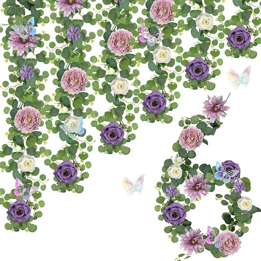 6 Pack 5.9 FT Artificial Flower Garland with Butterflies Fake Rose Garland Faux Greenery Eucalyptus Garlands for Wedding Table Backdrop Arch Centerpieces Decorations - Light Purple & Purple