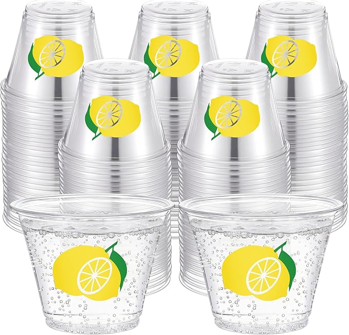LemonRoad 100 Pack Lemon Cup 9 oz Yellow lemonade Disposable Clear Plastic Cocktail Cups Hot Cold Beverage Drinks for Men Women Summer Fruit Birthday Baby Shower Decorations Party Favors