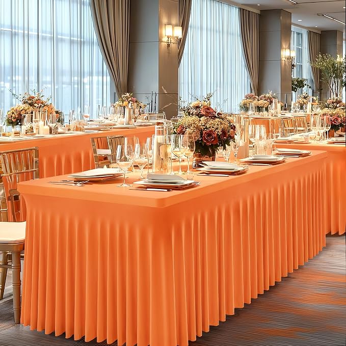 2 Packs Orange Table Clothes for 4 Foot Rectangle Tables, One-Piece Wrinkle Resistant Stretch Spandex Table Covers with Skirt for Event Banquet Wedding Birthday Party