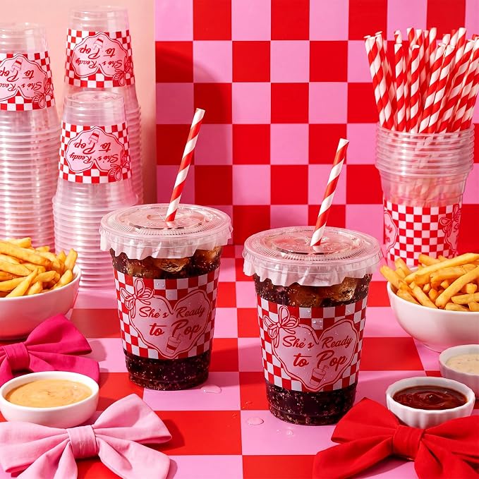 FoldTier 50 Sets Dirty Soda Bar Supplies She's ready to Pop Cups with Lids and Straws 12oz Clear Disposable Plastic Cups with Lids, Red Party Cup for Baby Shower Gender Reveal Party Popcorn Cold Drink