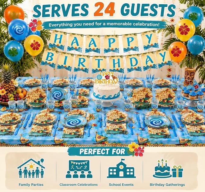 170PCS Tropical Birthday Party Decorations Set - Hawaiian Luau Tableware Set with Plates, Cups, Napkins, Cutlery, Tablecloth & Banner for Ocean Princess Party Supplies, Serves 24 Guests