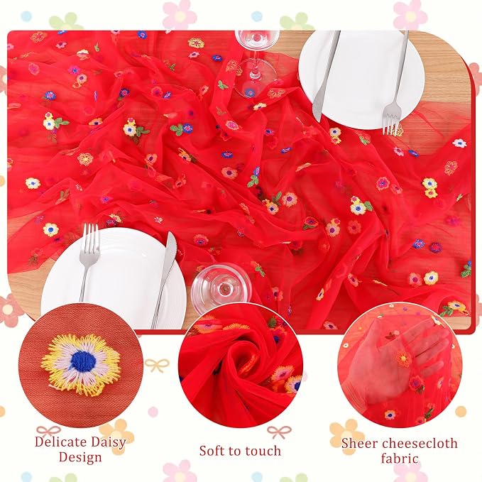 BINBE 3pcs Daisy Spring Table Runner Embroidery Gauze 10FT Florals Seasonal Tulle Holiday Birthday Kitchen Dining Table Decor for Home Party Red