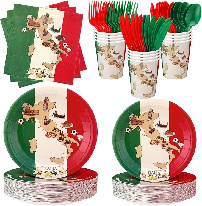 FoldTier 350 Pcs Italian Flag Plates and Napkins Party Supplies Disposable Paper Tableware Set Red White and Green Italian Flag Party Decorations for Holiday Festival Family Serve 50 Guests