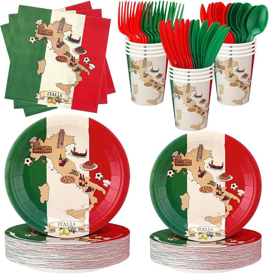 FoldTier 350 Pcs Italian Flag Plates and Napkins Party Supplies Disposable Paper Tableware Set Red White and Green Italian Flag Party Decorations for Holiday Festival Family Serve 50 Guests
