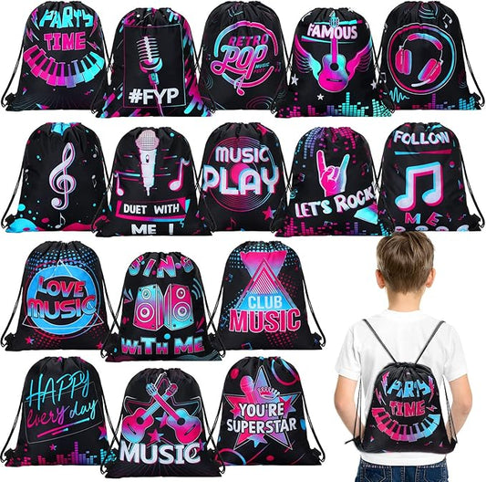 Funtery 32 Pcs Music Party Drawstring Bags Music Party Favors Birthday Treat Bags for Teens Social Media Theme Gifts School Travel Supplies, 11.81 x 9.84 Inch